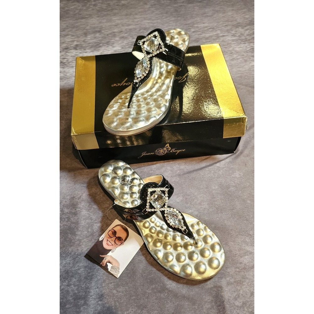 Joan Boyce Betsy Jeweled Sandal Thong Wedge Black Gold 80's Glam Bling SZ 10